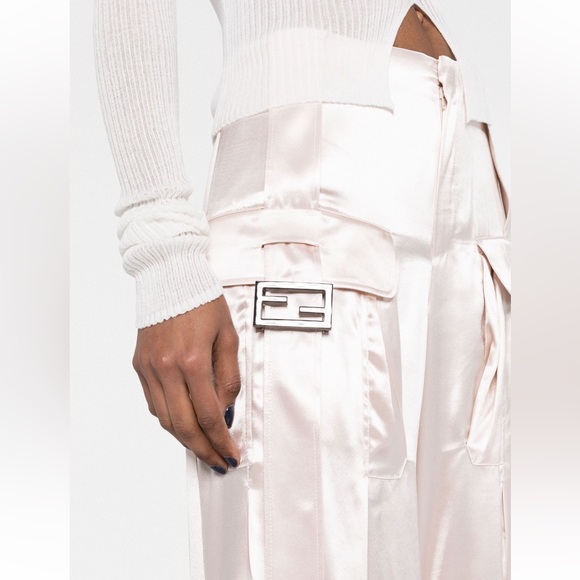 Fendi Pants - Fendi FF Baguette Buckle Embellished Satin Cargo Pants